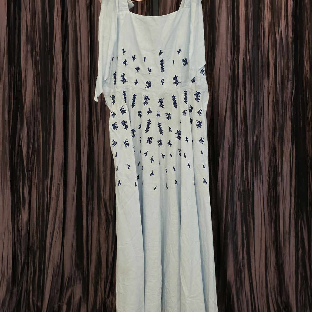 NWT. Fanm Mon Light Blue Sun-Dress with Deeper Blue Embroidery